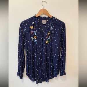 Venessa Virginia Embellished Navy Floral Tie-Neck Blouse